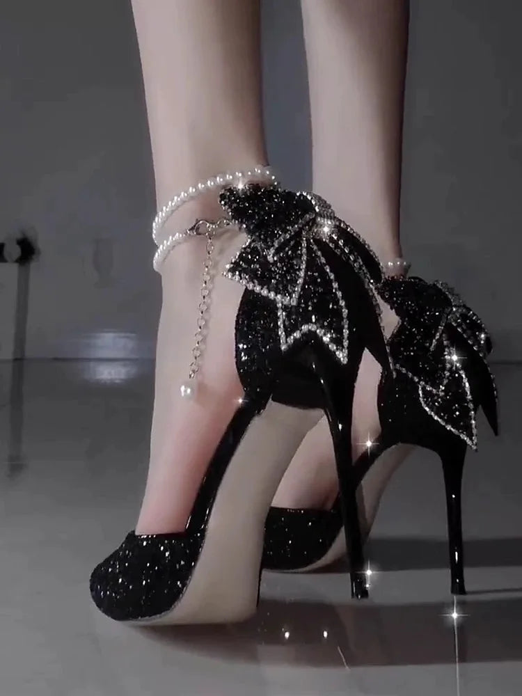 French new pointy shallow mouth temperament elegant sequin bow high heels women&