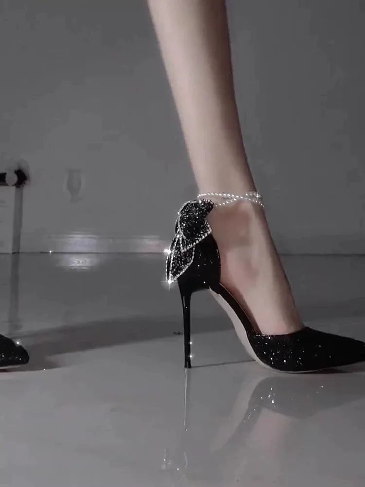 French new pointy shallow mouth temperament elegant sequin bow high heels women&