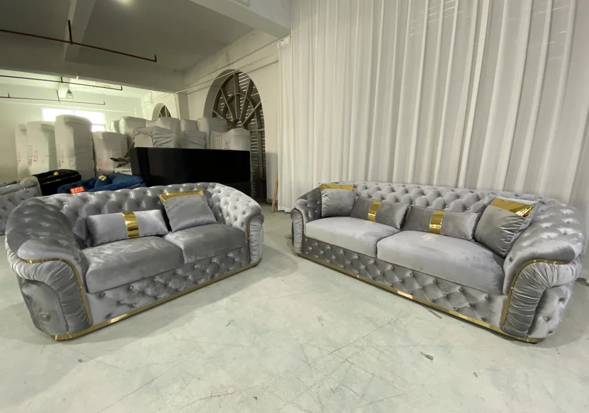 Modern luxury velvet Chesterfield Lounge sofa set with gold base and wooden legs for villa living room
