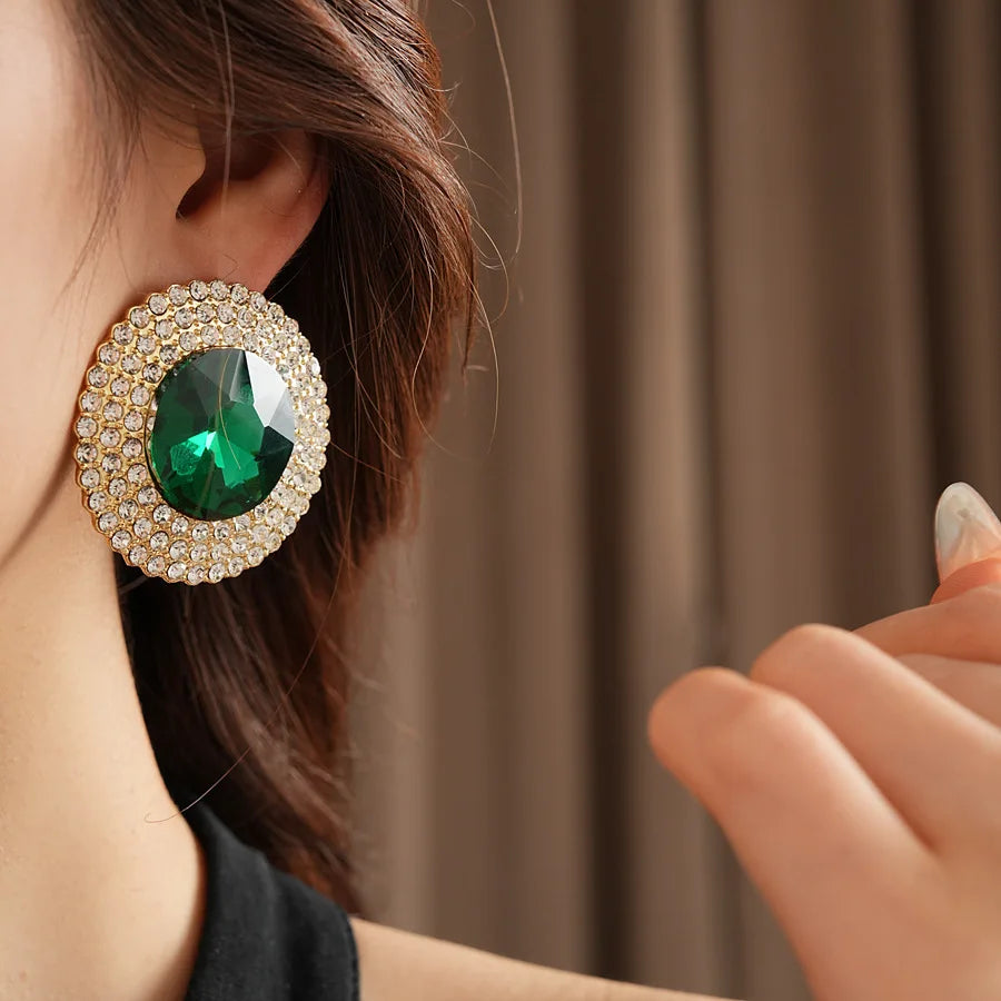 Inlaid Rhinestone Glass Round Green Jewelry Sets for Women Necklace Emerald Light Luxury Collarbone Chain Earrings Set Wedding