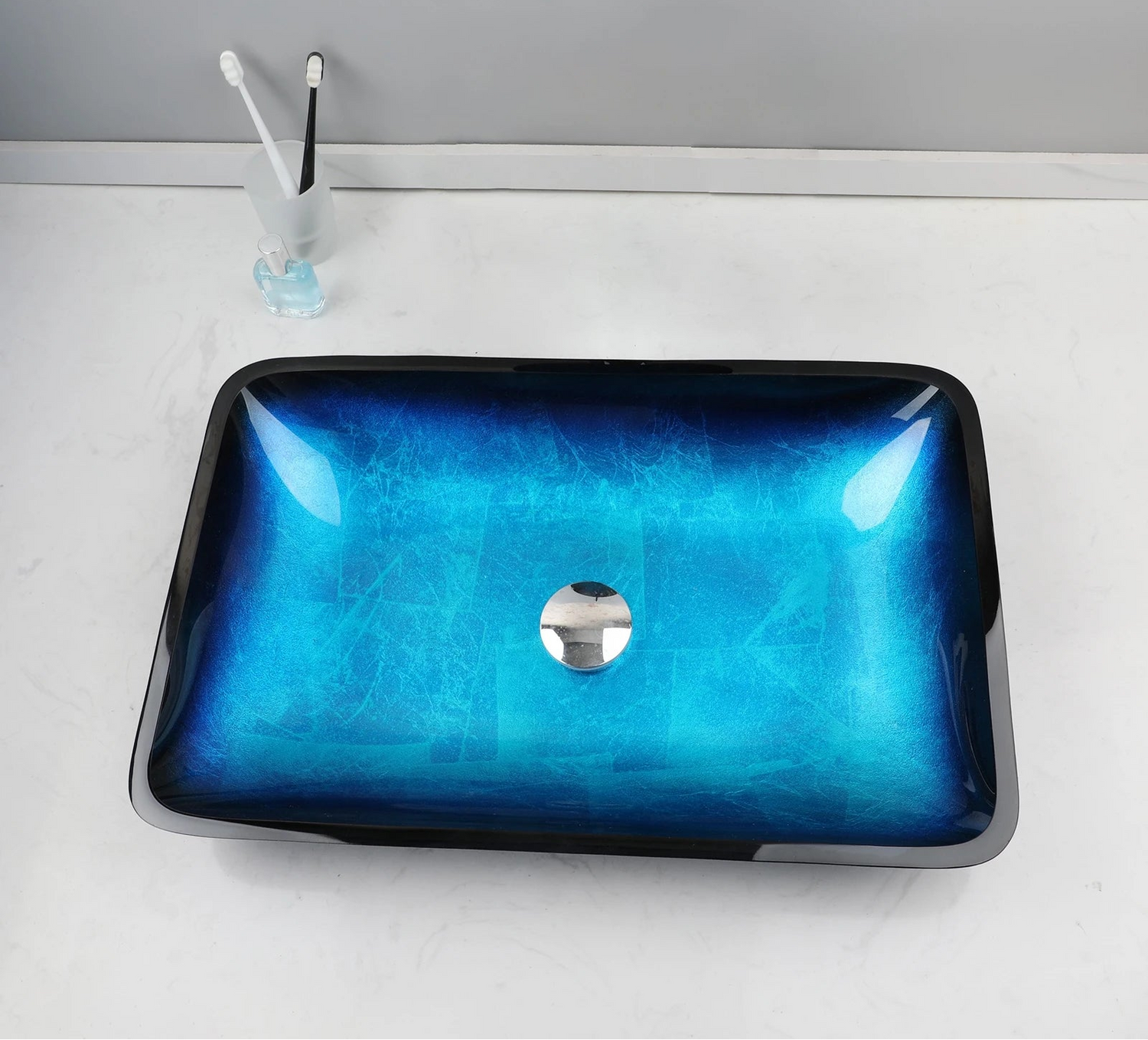 ZAPPO Tempered Glass Bathroom Vessel Sink with Waterfall Black Faucet Tap Bathroom Oval Blue Vessel Sinks Above Counter Basin