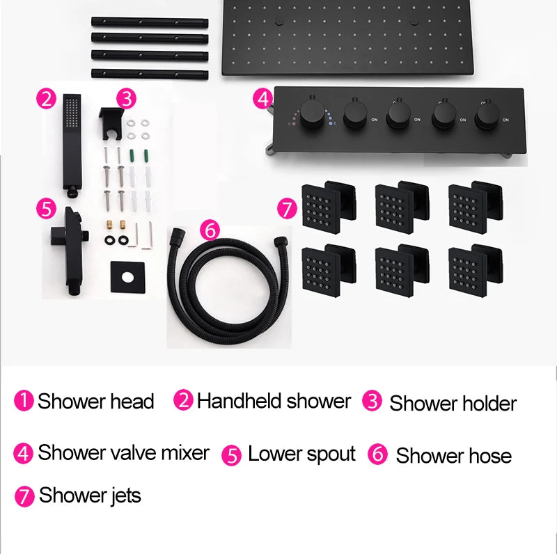 Luxury 16/20 Inch 400/500mm Rainfall Mist Spray LED Shower Head Set Constant Temperature Valve Mixer With Side Massage Jets