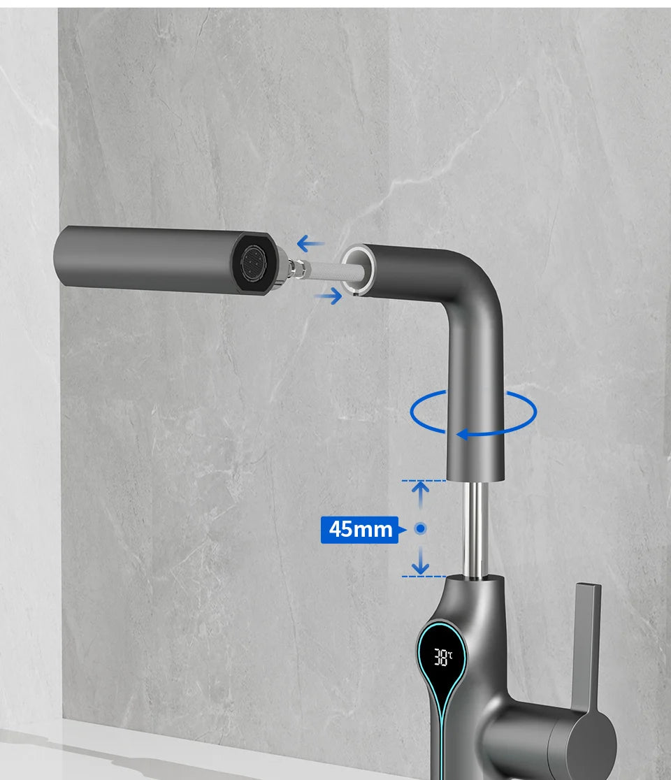Waterfall Temperature Digital Display Basin Faucet Lift Up Down Stream Sprayer Hot Cold Water Sink Mixer Wash Tap For Bathroom