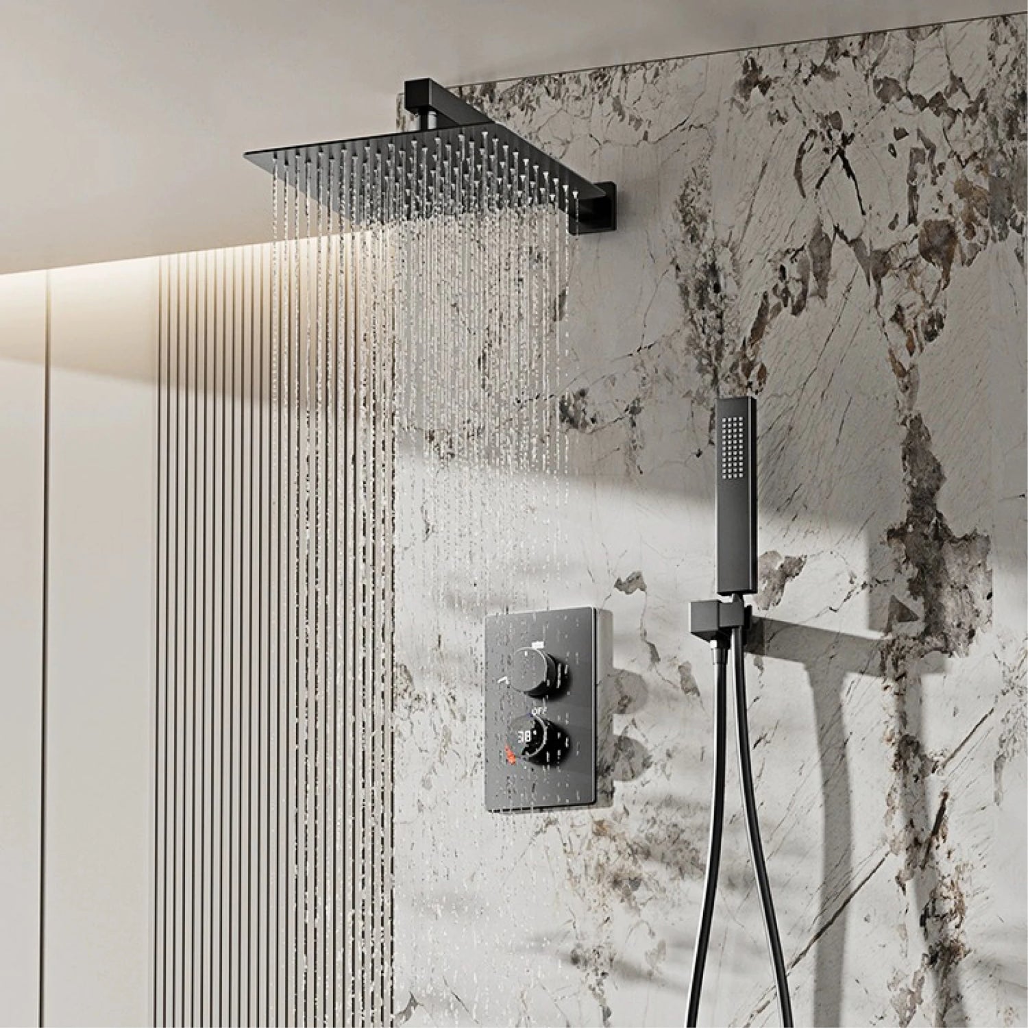 Luxury black shower system with wall mounted design LED digital display for dual control of hot & cold Simple bathroom Tap
