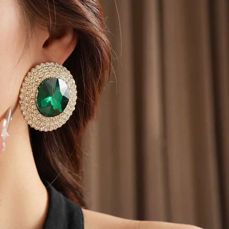 Inlaid Rhinestone Glass Round Green Jewelry Sets for Women Necklace Emerald Light Luxury Collarbone Chain Earrings Set Wedding