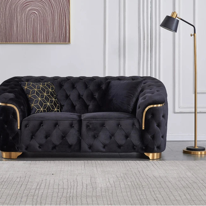 Modern luxury velvet Chesterfield Lounge sofa set with gold base and wooden legs for villa living room