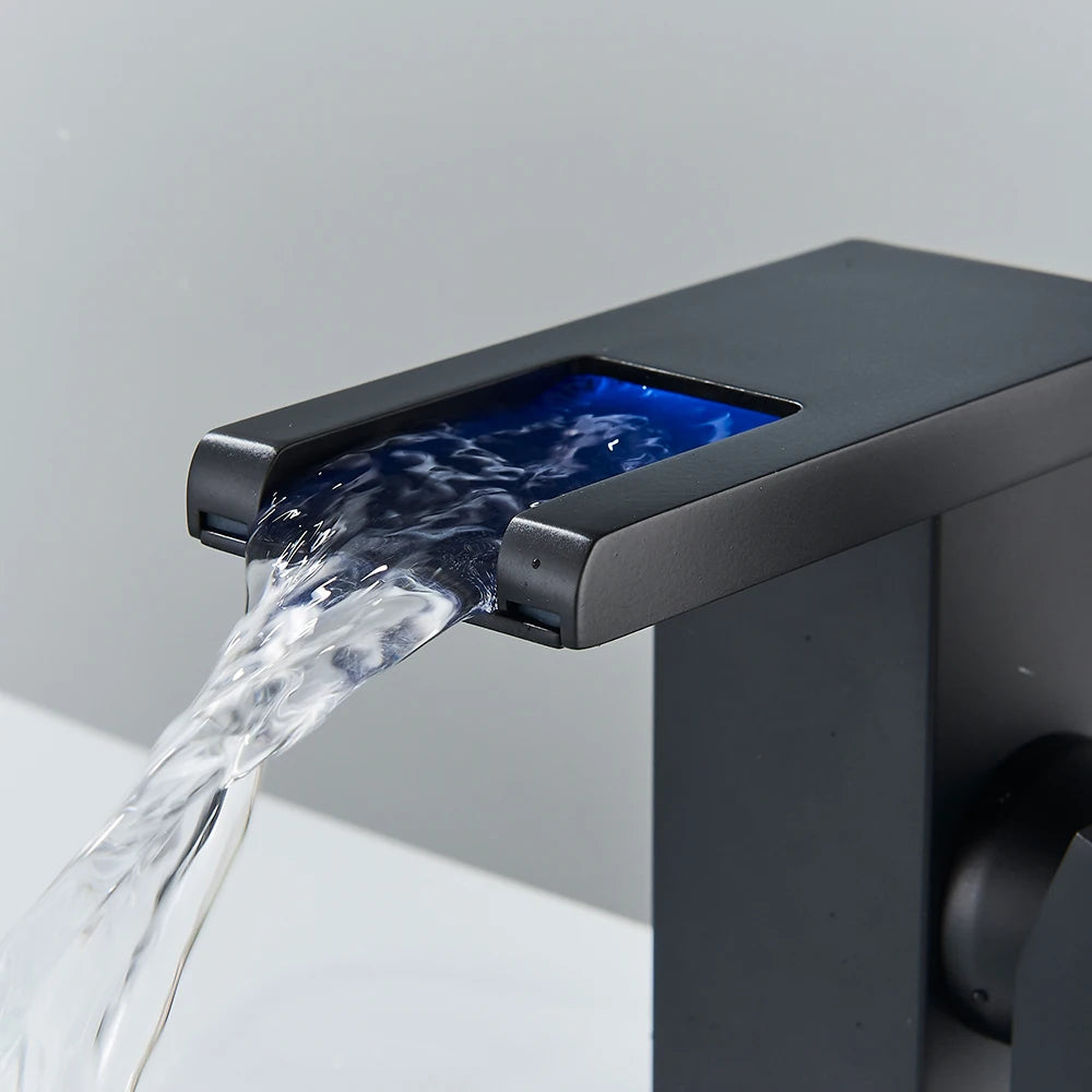 LED Bathroom Sink Faucet Brass Waterfall Faucet BlackBathroom Hot/Cold Mixer Crane Deck Mounted Wash Sink Taps Single Handle Tap