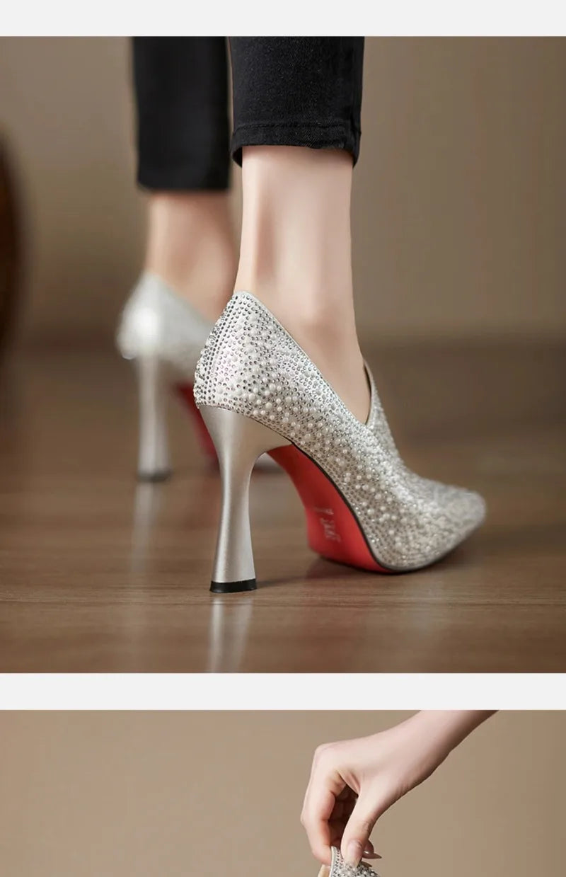 Rhinestone High Heels Shoes Sexy Pointed Toe High Heel Single Shoe Luxury Pearl Crystal Wedding Shoe Champagne Pumps Bride Shoes