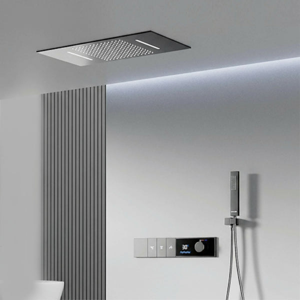 Luxury Brass Gun Grey Thermostatic LED Digital Display 3 Spray Modes Shower System.Ceiling-Embedded Waterfall Outlet Bath Mixer