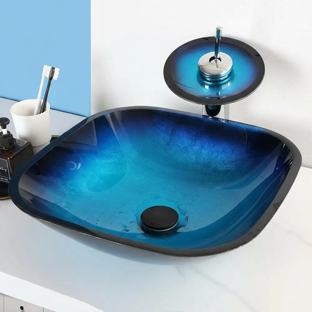 ZAPPO Tempered Glass Bathroom Vessel Sink with Waterfall Black Faucet Tap Bathroom Oval Blue Vessel Sinks Above Counter Basin