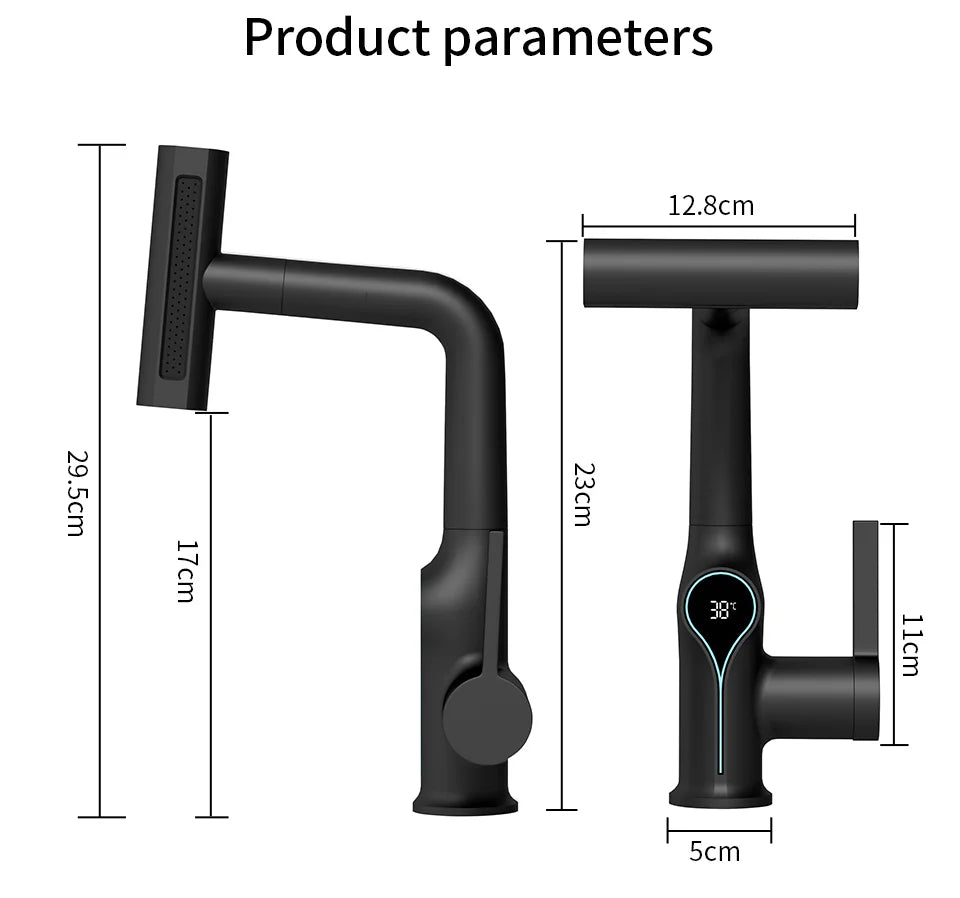 Waterfall Temperature Digital Display Basin Faucet Lift Up Down Stream Sprayer Hot Cold Water Sink Mixer Wash Tap For Bathroom