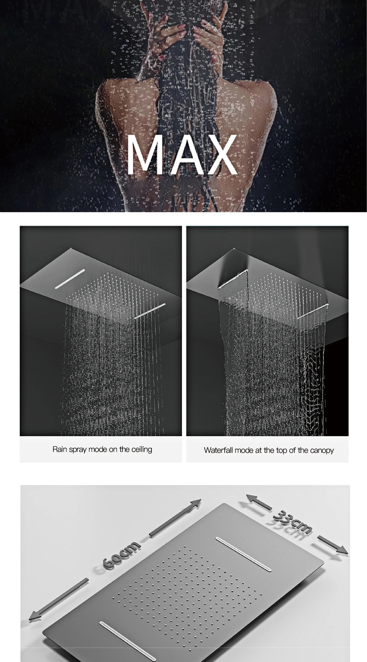 Luxury Brass Gun Grey Thermostatic LED Digital Display 3 Spray Modes Shower System.Ceiling-Embedded Waterfall Outlet Bath Mixer