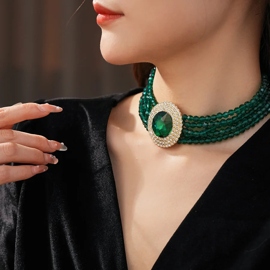 Inlaid Rhinestone Glass Round Green Jewelry Sets for Women Necklace Emerald Light Luxury Collarbone Chain Earrings Set Wedding