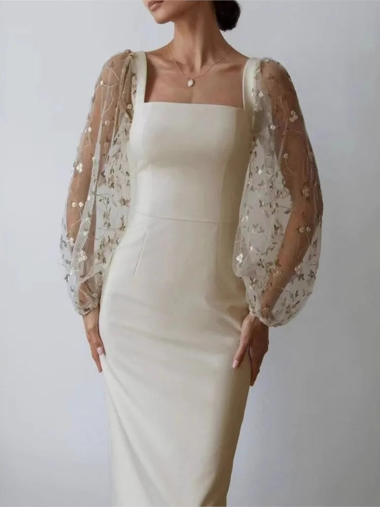 Elegant Dresses 2025 Woman Temperament Vestidos Largos French Dress Simple Style Solid Color Package Hip Patchwork Puff Sleeves
