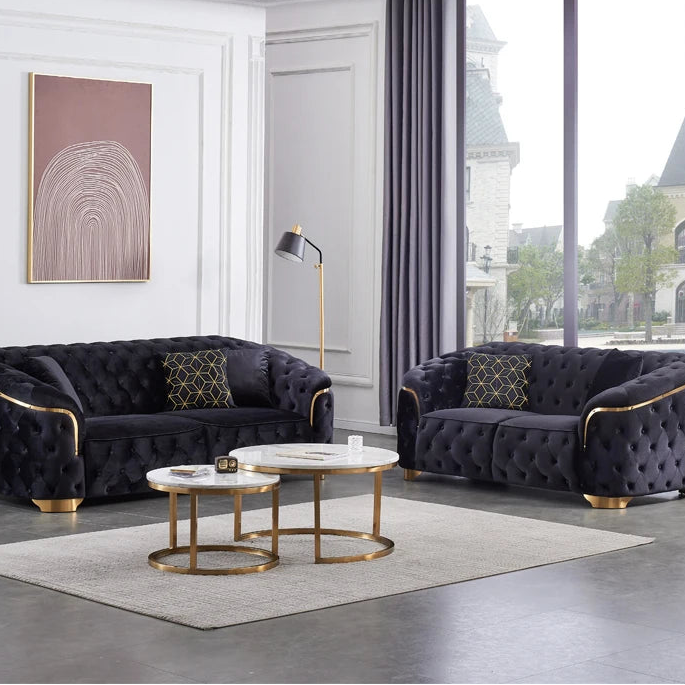 Modern luxury velvet Chesterfield Lounge sofa set with gold base and wooden legs for villa living room