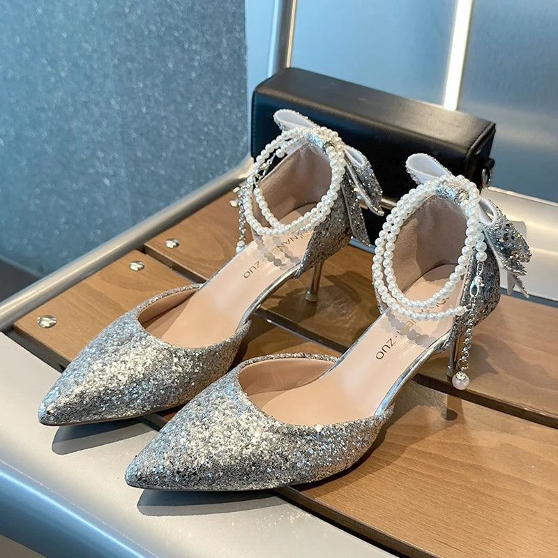 French new pointy shallow mouth temperament elegant sequin bow high heels women&