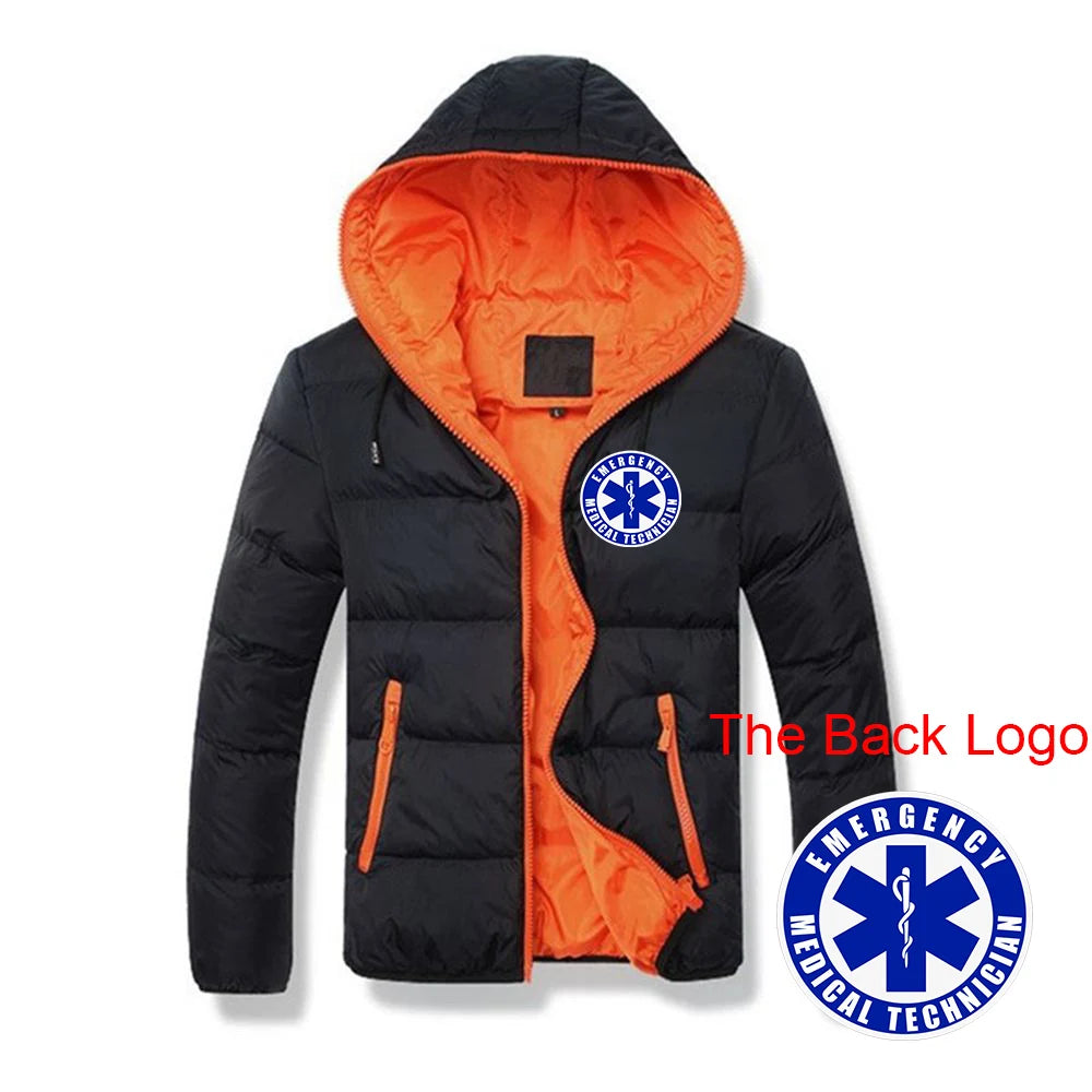2025 Autumn Winter EMT Emergency Ambulance Print Contrast Color Design Cotton Jacket Men Casual Hooded Cold Prevention Down Coat