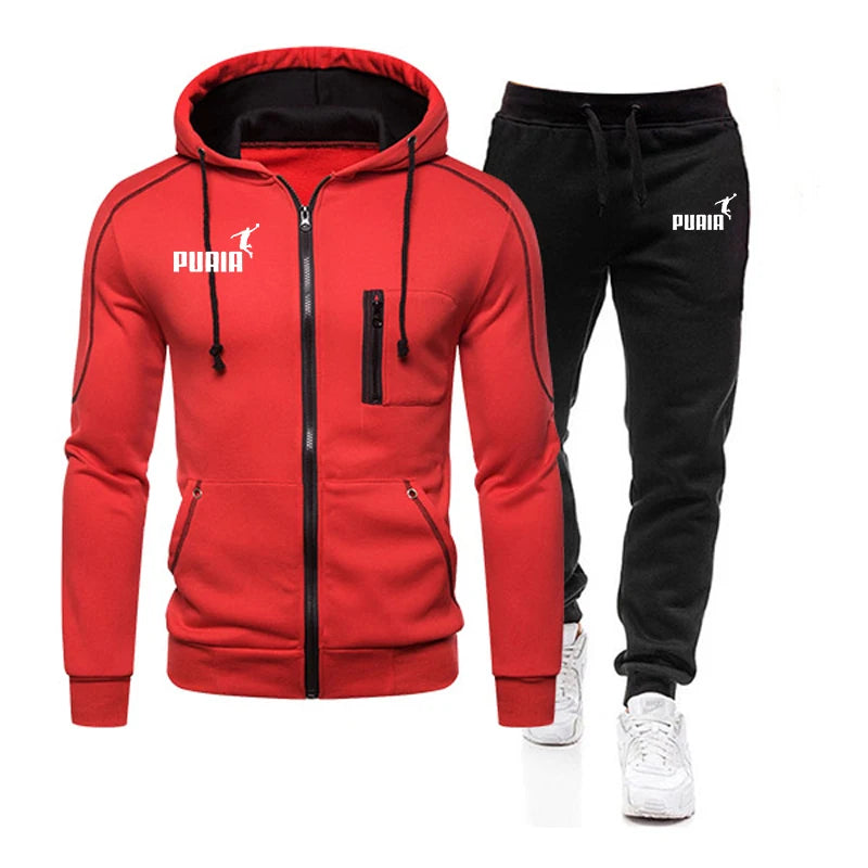 Mens Tracksuit Casual Zipper Jacket+Sweatpants 2 Pcs Set Fitness Sweatshirts Suits Hooded Coat Outdoors Jogging Mens Clothing