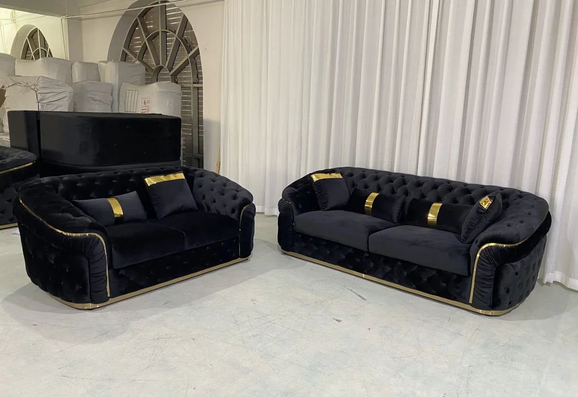 Modern luxury velvet Chesterfield Lounge sofa set with gold base and wooden legs for villa living room