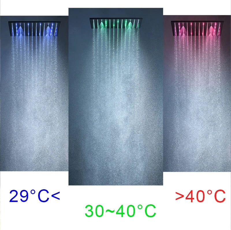 Luxury 16/20 Inch 400/500mm Rainfall Mist Spray LED Shower Head Set Constant Temperature Valve Mixer With Side Massage Jets