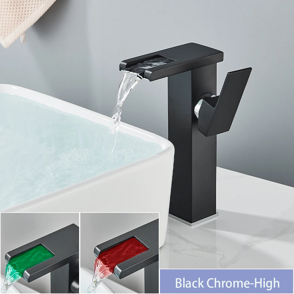 LED Bathroom Sink Faucet Brass Waterfall Faucet BlackBathroom Hot/Cold Mixer Crane Deck Mounted Wash Sink Taps Single Handle Tap