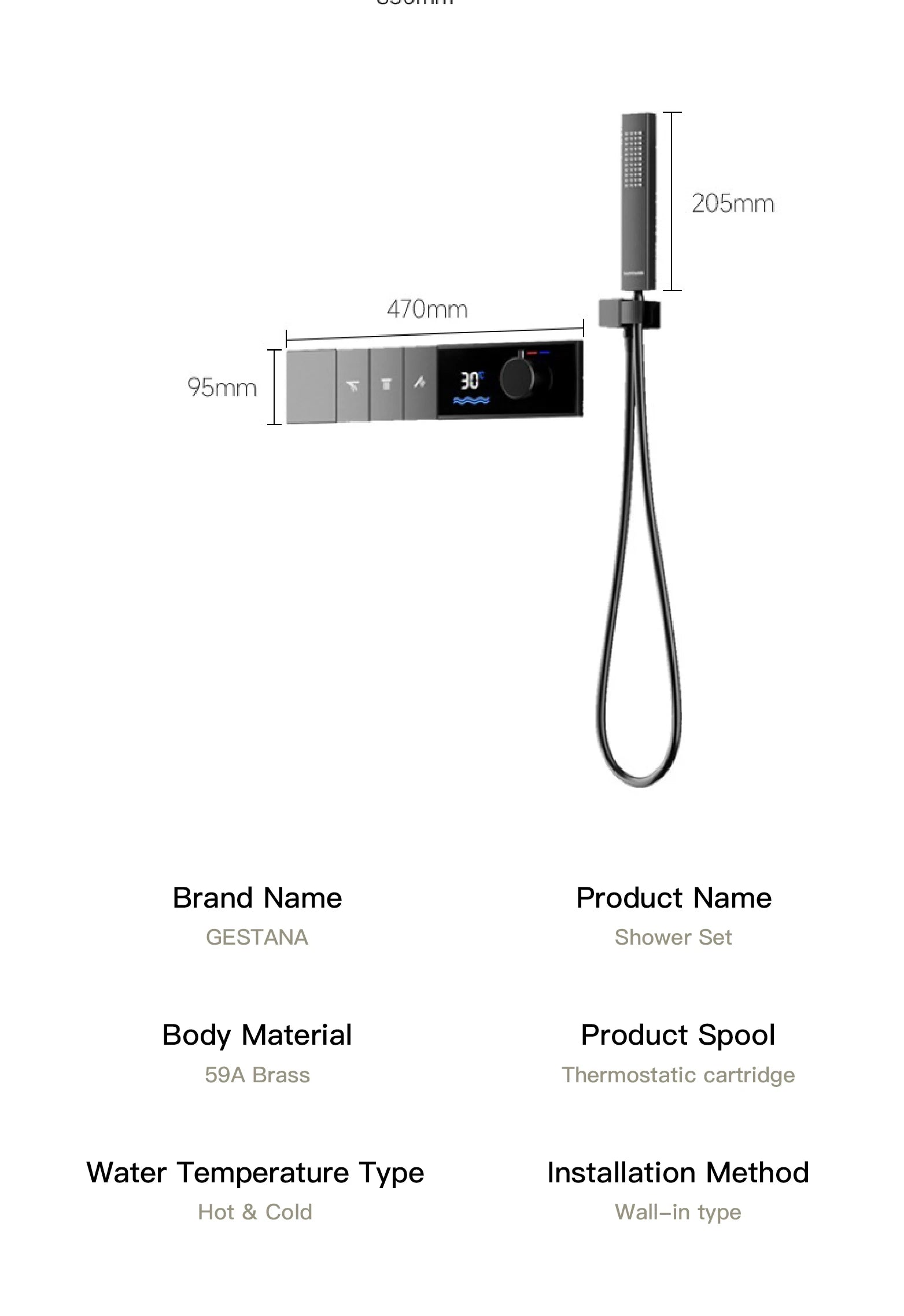Luxury Brass Gun Grey Thermostatic LED Digital Display 3 Spray Modes Shower System.Ceiling-Embedded Waterfall Outlet Bath Mixer