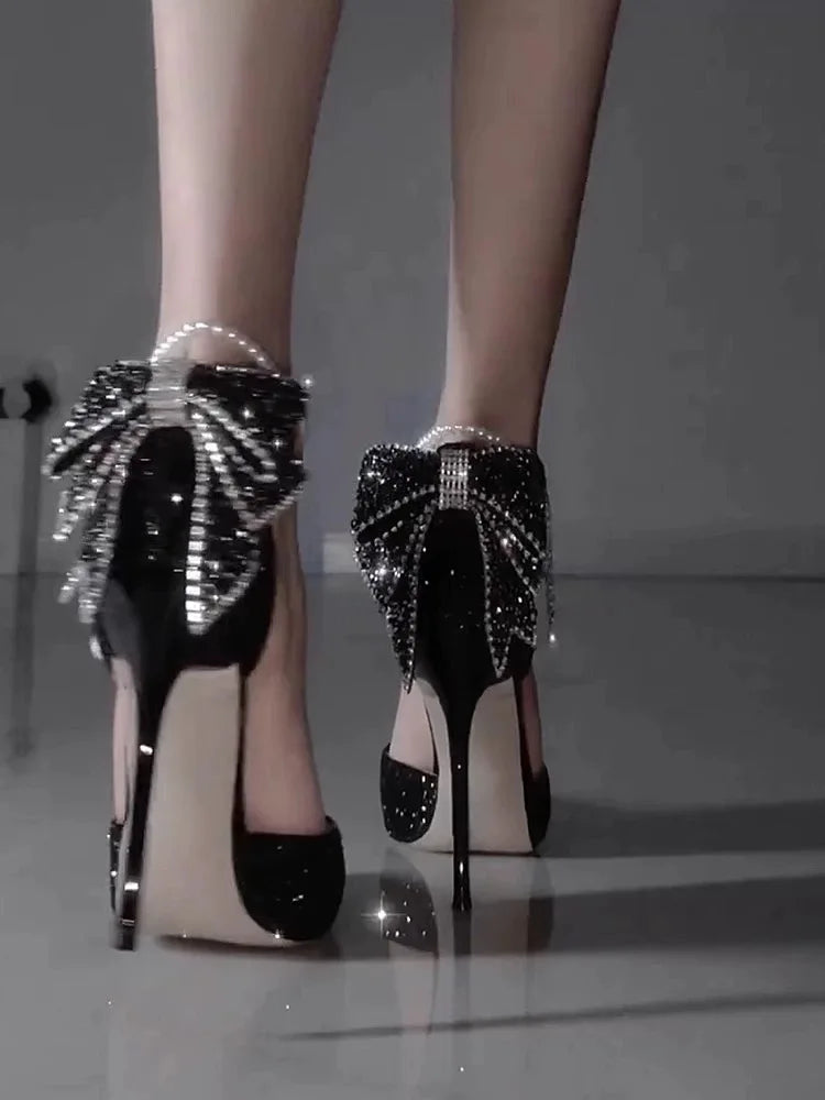 French new pointy shallow mouth temperament elegant sequin bow high heels women&