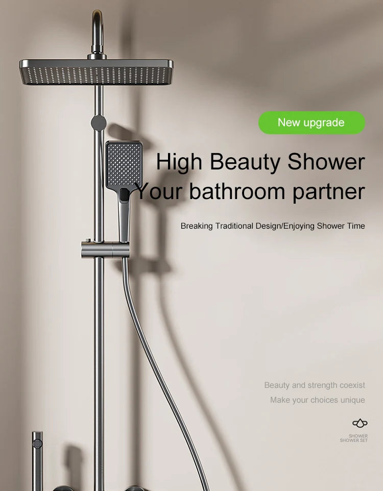 Grey Piano Button Ambient Light Bathroom Shower Full Set Digital Display Shower System Sets Rain Faucets Shower Head