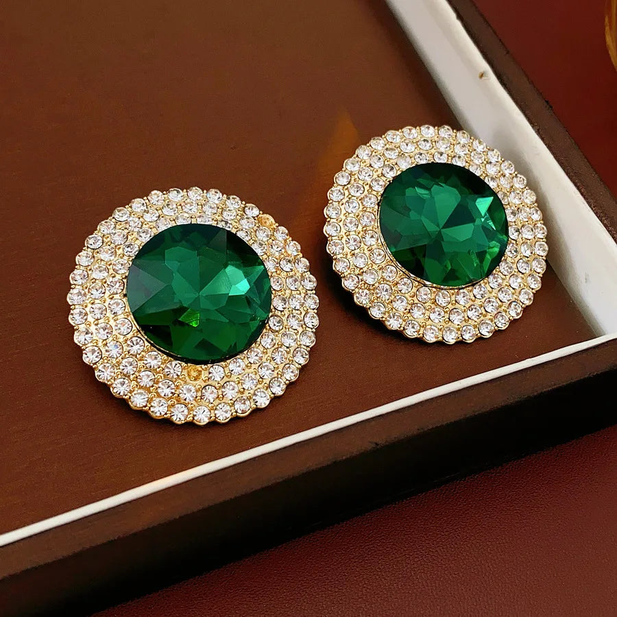 Inlaid Rhinestone Glass Round Green Jewelry Sets for Women Necklace Emerald Light Luxury Collarbone Chain Earrings Set Wedding