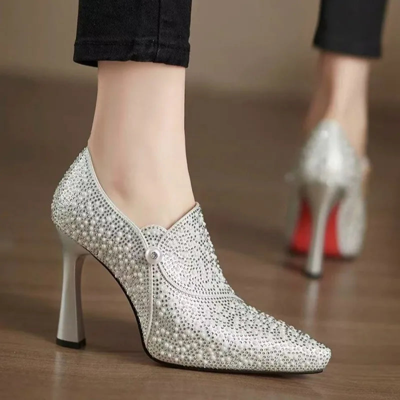 Rhinestone High Heels Shoes Sexy Pointed Toe High Heel Single Shoe Luxury Pearl Crystal Wedding Shoe Champagne Pumps Bride Shoes