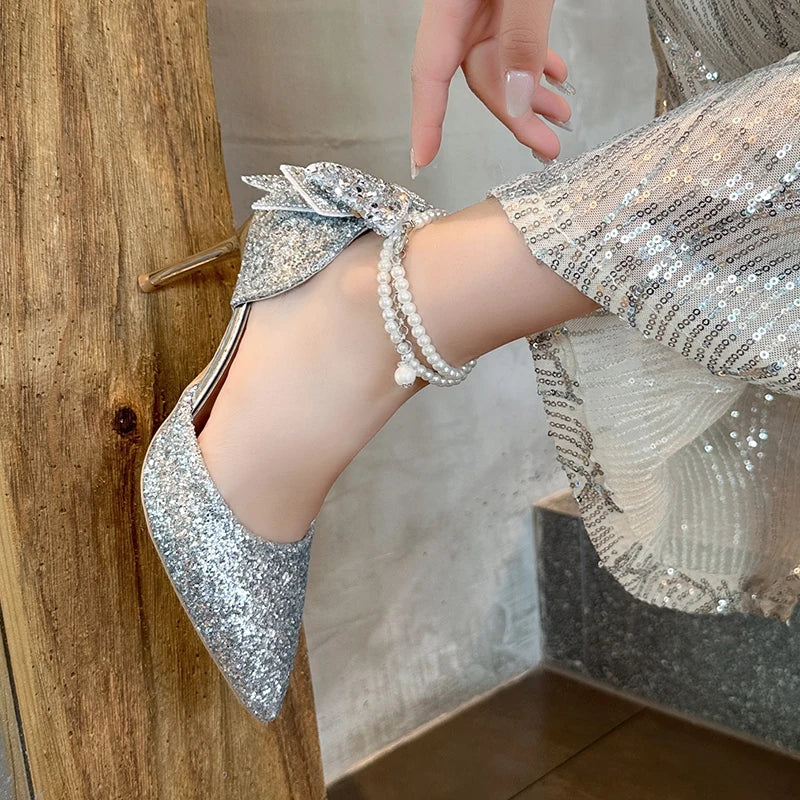 French new pointy shallow mouth temperament elegant sequin bow high heels women&