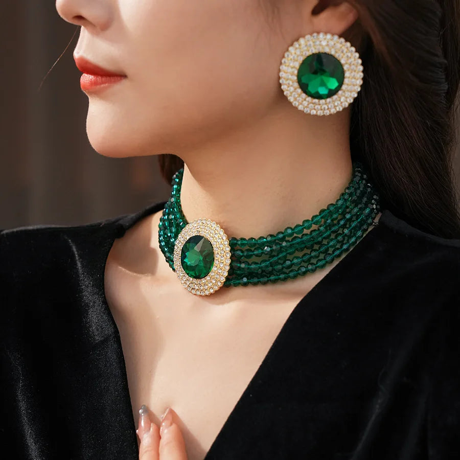 Inlaid Rhinestone Glass Round Green Jewelry Sets for Women Necklace Emerald Light Luxury Collarbone Chain Earrings Set Wedding