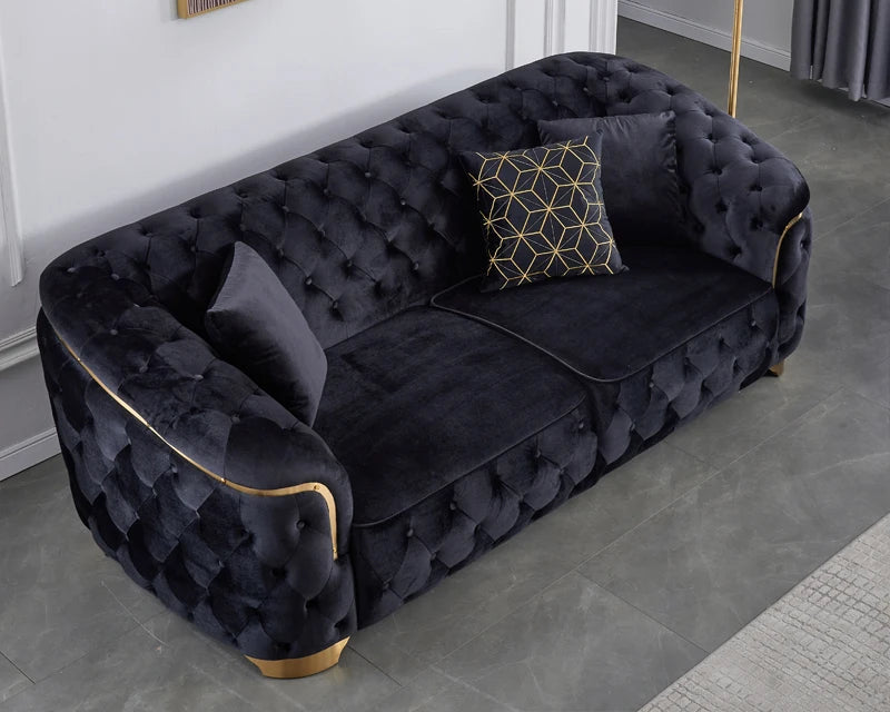 Modern luxury velvet Chesterfield Lounge sofa set with gold base and wooden legs for villa living room