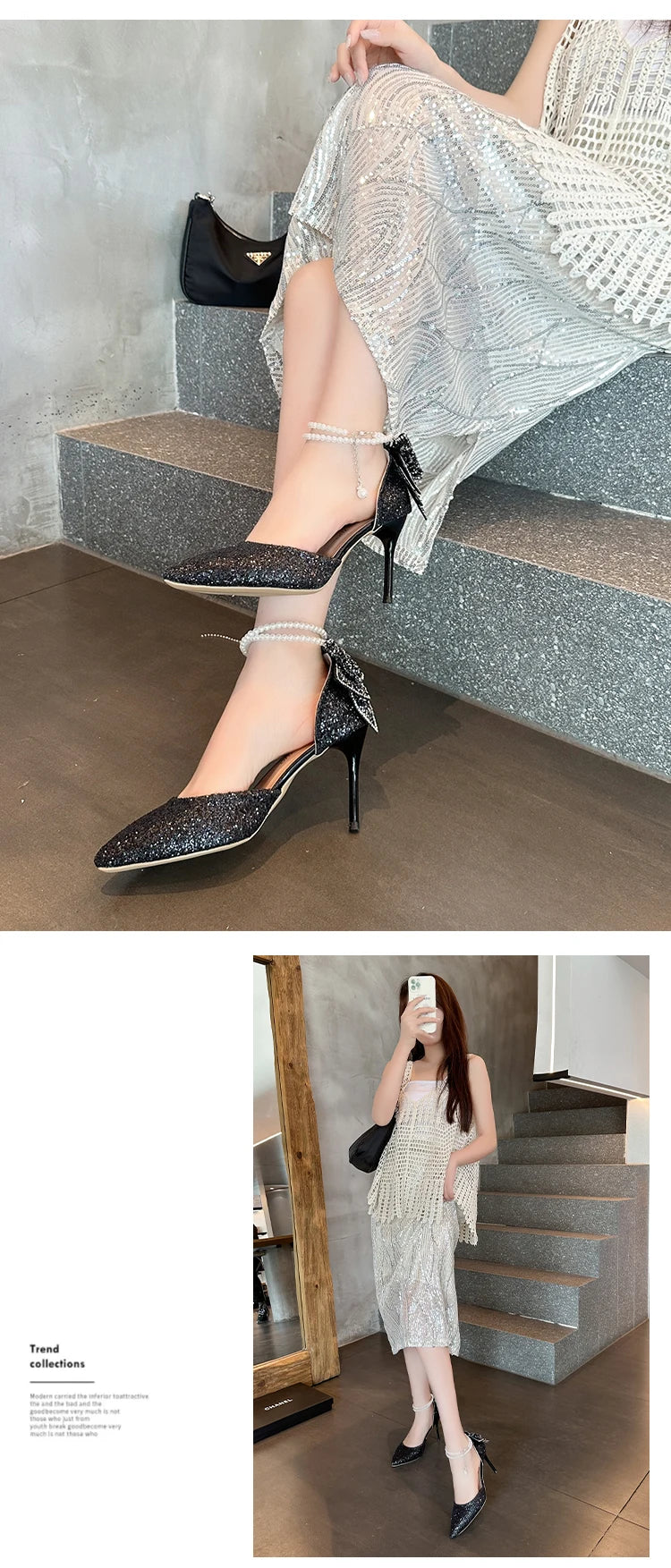 French new pointy shallow mouth temperament elegant sequin bow high heels women&