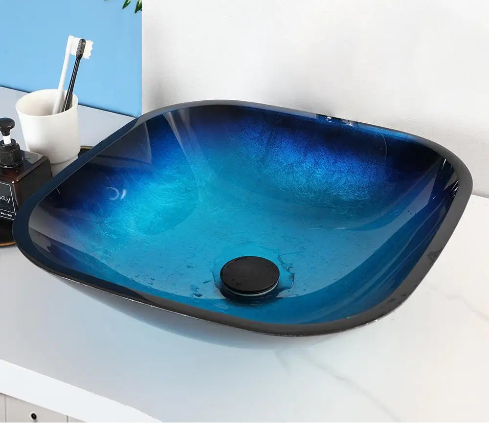 ZAPPO Tempered Glass Bathroom Vessel Sink with Waterfall Black Faucet Tap Bathroom Oval Blue Vessel Sinks Above Counter Basin