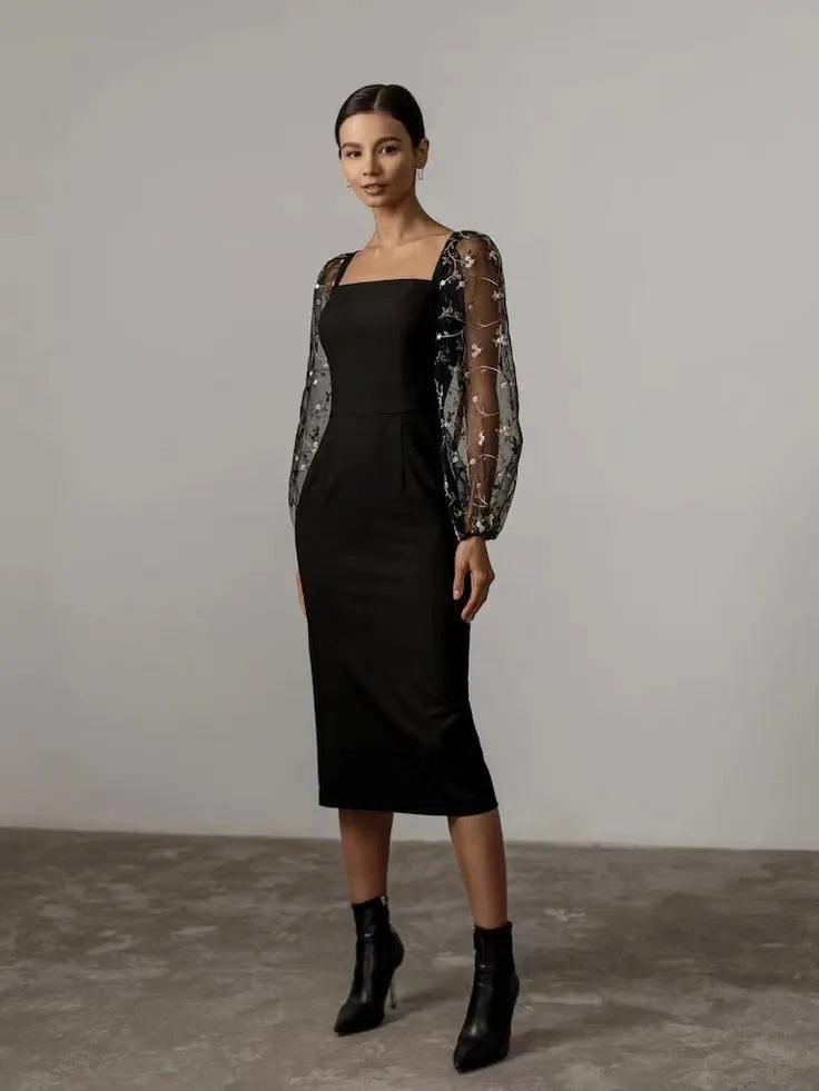Elegant Dresses 2025 Woman Temperament Vestidos Largos French Dress Simple Style Solid Color Package Hip Patchwork Puff Sleeves