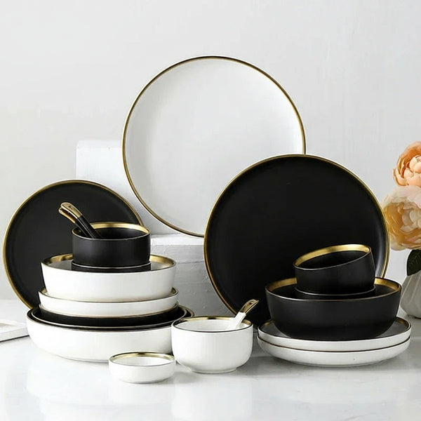 Black White Matte Porcelain Dinner Plate Nordic Gold Stroke Spaghetti Western Plates and Bowls Salad Dishes Kitchen Tableware