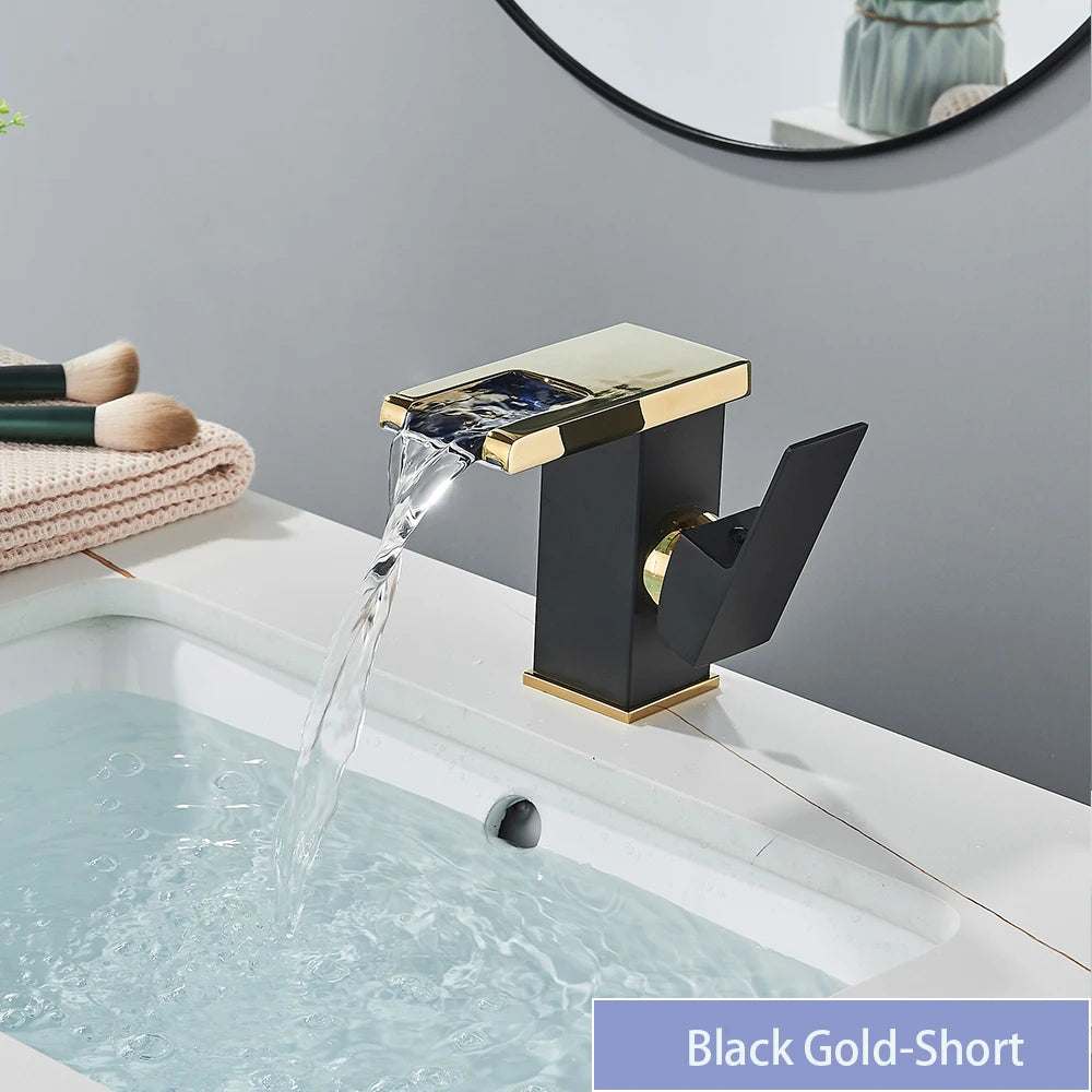 LED Bathroom Sink Faucet Brass Waterfall Faucet BlackBathroom Hot/Cold Mixer Crane Deck Mounted Wash Sink Taps Single Handle Tap