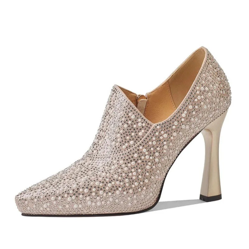 Rhinestone High Heels Shoes Sexy Pointed Toe High Heel Single Shoe Luxury Pearl Crystal Wedding Shoe Champagne Pumps Bride Shoes