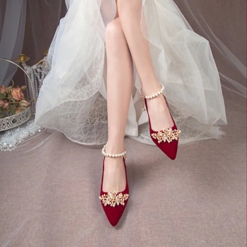 Women Red High Heel Shoes Elegant Fashion Designer Pointed Tip Fine High Heels Women Water Diamond Banquet Wedding Shoes Tacones