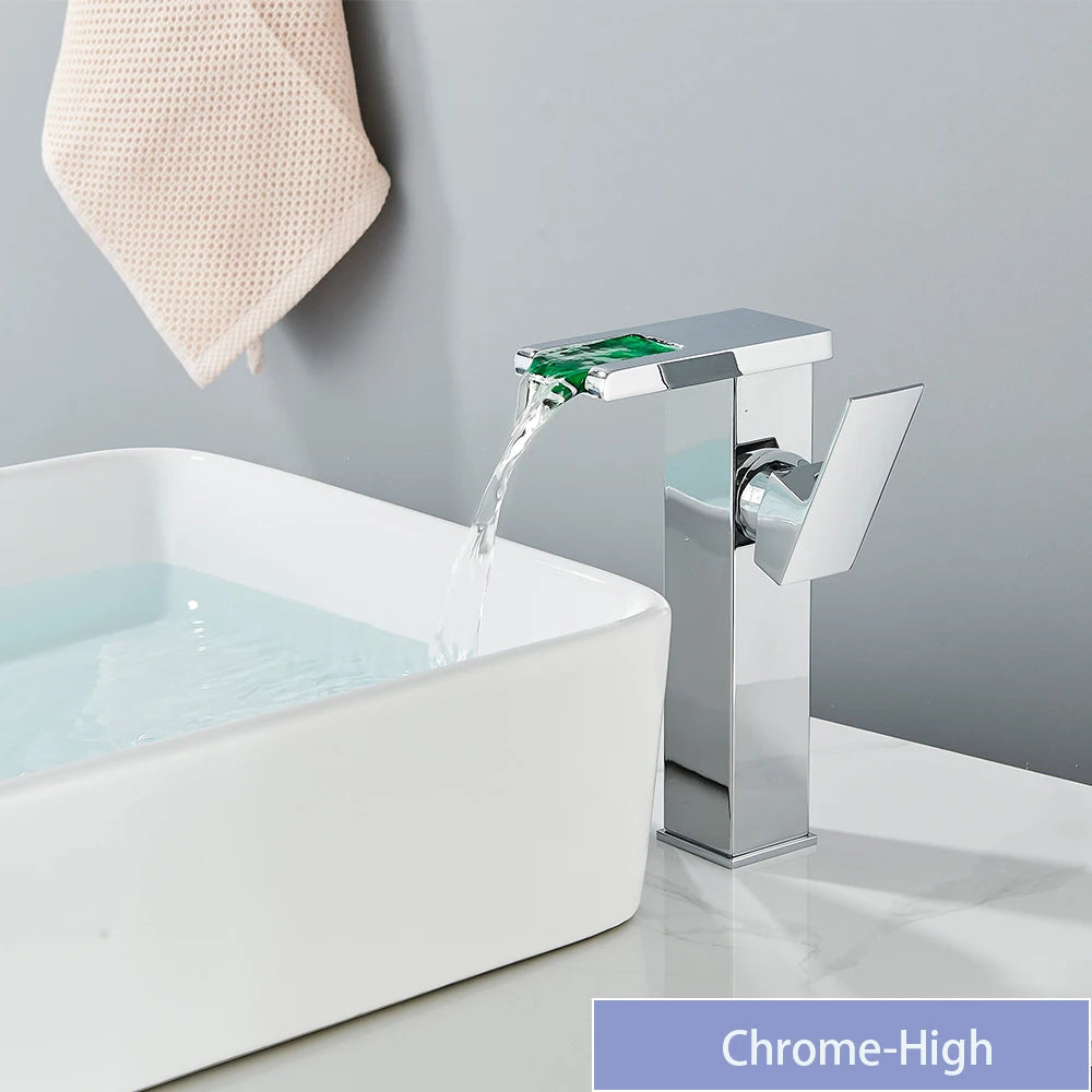LED Bathroom Sink Faucet Brass Waterfall Faucet BlackBathroom Hot/Cold Mixer Crane Deck Mounted Wash Sink Taps Single Handle Tap