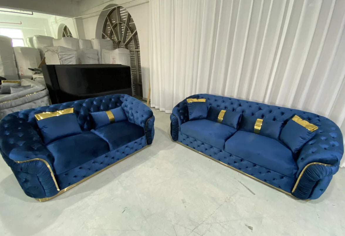 Modern luxury velvet Chesterfield Lounge sofa set with gold base and wooden legs for villa living room