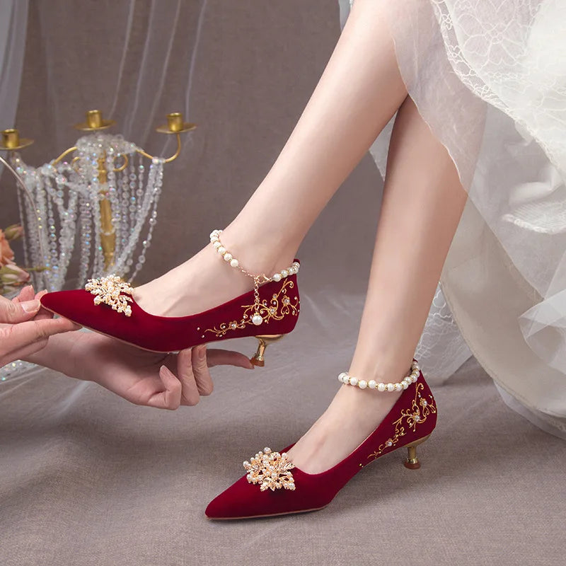 Women Red High Heel Shoes Elegant Fashion Designer Pointed Tip Fine High Heels Women Water Diamond Banquet Wedding Shoes Tacones
