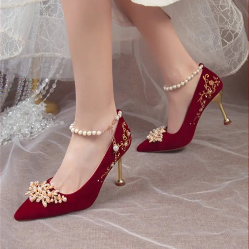 Women Red High Heel Shoes Elegant Fashion Designer Pointed Tip Fine High Heels Women Water Diamond Banquet Wedding Shoes Tacones