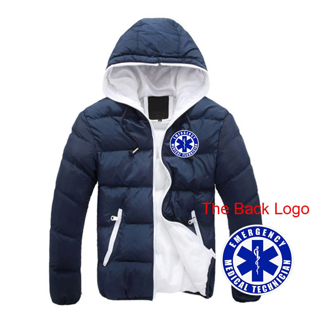 2025 Autumn Winter EMT Emergency Ambulance Print Contrast Color Design Cotton Jacket Men Casual Hooded Cold Prevention Down Coat
