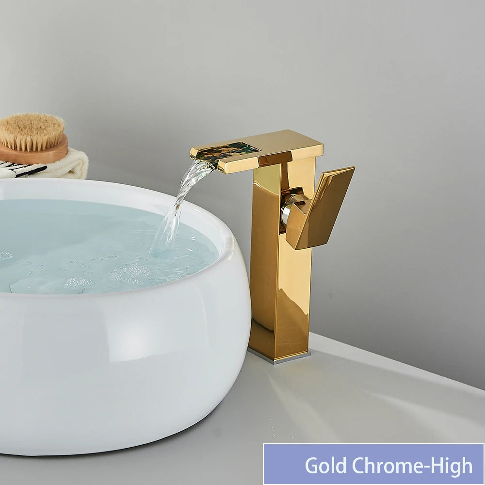 LED Bathroom Sink Faucet Brass Waterfall Faucet BlackBathroom Hot/Cold Mixer Crane Deck Mounted Wash Sink Taps Single Handle Tap