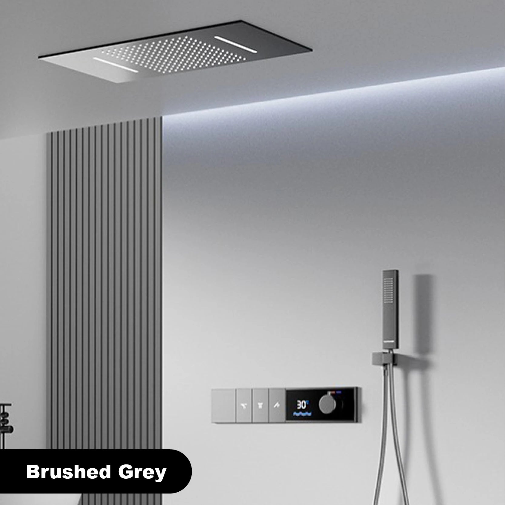 Luxury Brass Gun Grey Thermostatic LED Digital Display 3 Spray Modes Shower System.Ceiling-Embedded Waterfall Outlet Bath Mixer