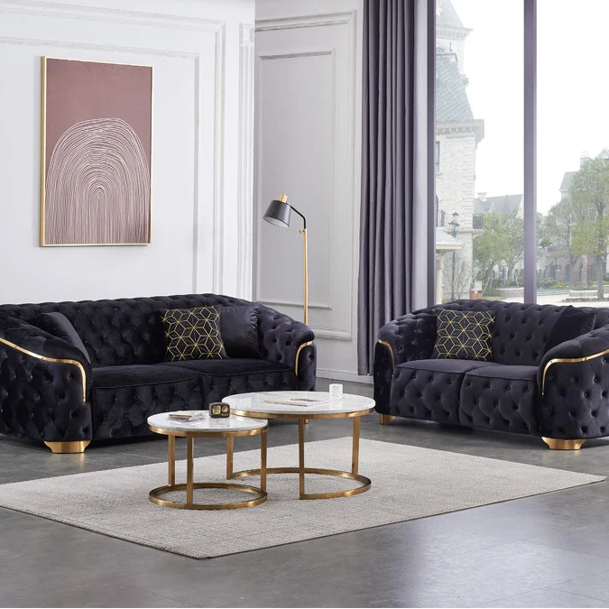 Modern luxury velvet Chesterfield Lounge sofa set with gold base and wooden legs for villa living room