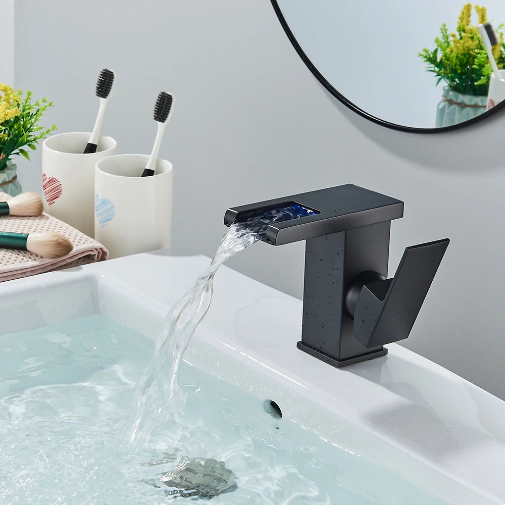 LED Bathroom Sink Faucet Brass Waterfall Faucet BlackBathroom Hot/Cold Mixer Crane Deck Mounted Wash Sink Taps Single Handle Tap