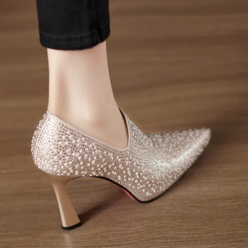 Rhinestone High Heels Shoes Sexy Pointed Toe High Heel Single Shoe Luxury Pearl Crystal Wedding Shoe Champagne Pumps Bride Shoes